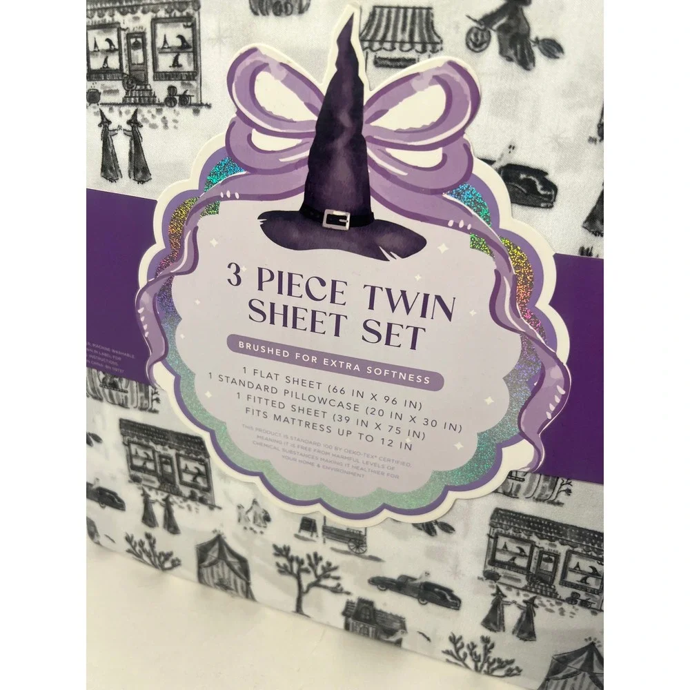Halloween Witch Ghost Pumpkin Toile 3 Piece Twin Sheet Set Black White Brushed